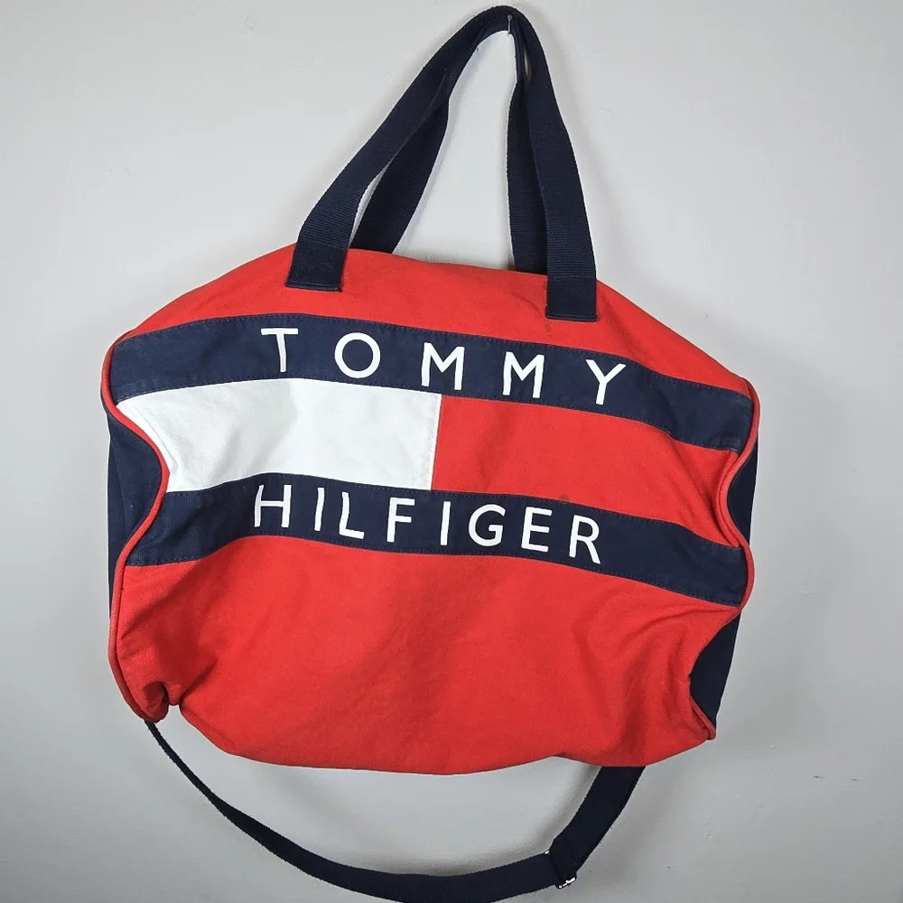 Vintage Tommy Hilfiger Red White Blue Tote Duffel Bag Large Zip Gym Activewear - Picture 7 of 14
